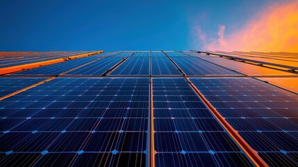 Solar panel silhouette dramatic low angle perspective modern photovoltaic installation sunset golden hour lighting renewable energy technology