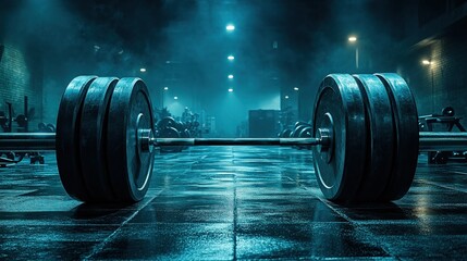 Heavy Barbell on Gym Floor Surrounded by Misty Atmosphere in Modern Fitness Center