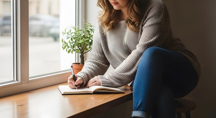 A woman in a patterned sweater and blue jeans sits near a window writing in a notebook with a plant nearby. The scene is softly lit with natural light.