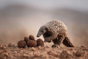 Pangolin exploring pine cones on arid ground in natural habitat for wildlife education and awareness
