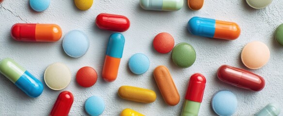 The vibrant assortment of colorful capsules and tablets scattered on a surface.