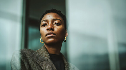 Confident young African businesswoman in a modern corporate environment