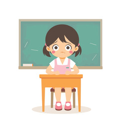 Nervous girl sitting at school desk, minimalistic design