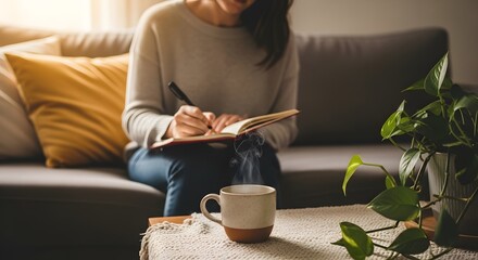 Person writing in notebook on a gray sofa near a coffee table with a coffee cup and plant. Soft natural light creates a cozy indoor scene.