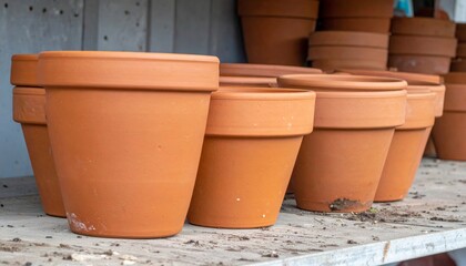 Naklejka premium Terracotta Pots on a Wooden Shelf