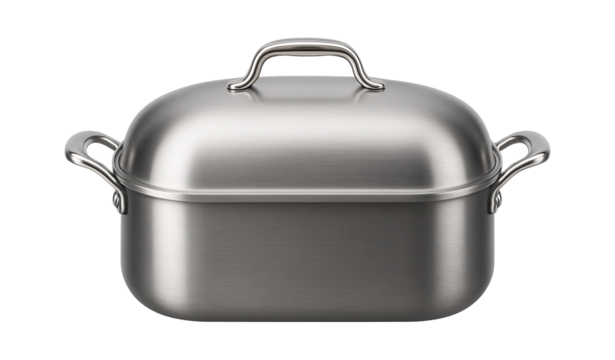 A heavy-duty aluminum roasting pan with a domed lid, perfect for slow-cooking a pot roast in a cottage dining space.