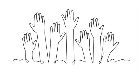 Continuous one line drawing of raised hands. Volunteering concept. Hand drawn one line vector. Editable stroke