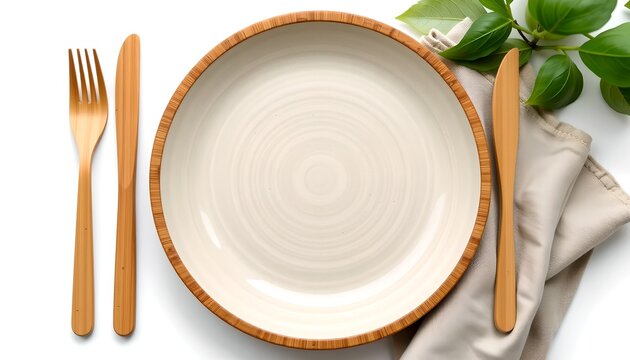 Empty plate with bamboo cutlery and napkin on white background - Powered by Adobe