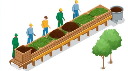 Workers Overseeing Organic Fertilizer Production Process with Multiple Stages of Compost in an Outdoor Facility
