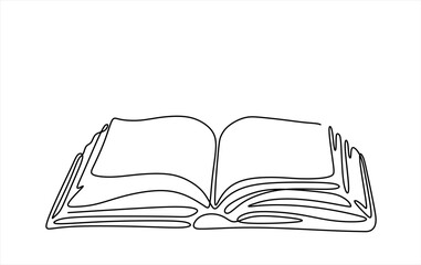 One line drawing of opened book isolated on white background, Continuous one line drawing of opened book. Book outline vector illustration. Editable stroke, Education, idea, school concept single.	