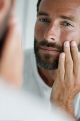Fototapeta premium Man examines his face in mirror, showcasing grooming routine and