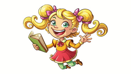 Naklejka premium A smiling 3D cartoon girl with flowing golden pigtails twirls in a pink dress, her green eyes sparkling. Holding a book in one hand, she points upward with delight, as if sharing a brilliant idea. Her