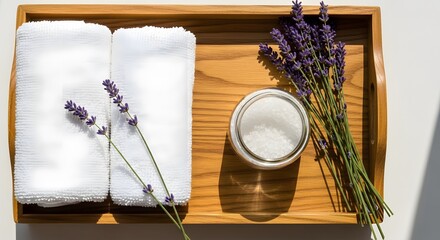 Wooden tray with folded white towels lavender sprigs and a bowl of white salt under sunlight creates a serene spa aesthetic