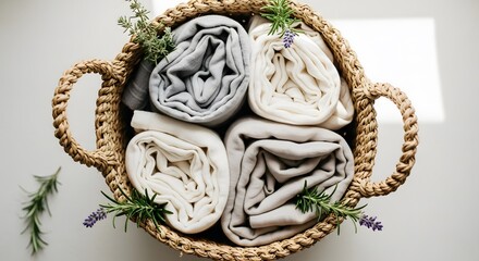 Overhead view of neatly rolled textiles in various shades inside a woven basket adorned with sprigs of lavender and rosemary against a white background.