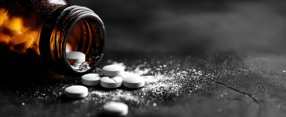 The amber bottle spilled with white pills and powder on a dark surface.