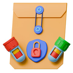Confidential lab result 3d illustration. String-tie envelope with colorful blood collection tubes and lock symbol.