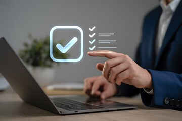 Businessman checking off tasks on a digital checklist