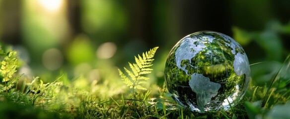 The glass globe resting in lush green grass surrounded by vibrant foliage.