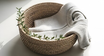 A woven basket holds a folded white and grey patterned towel accented by green foliage on a bright white surface. The scene is softly lit.
