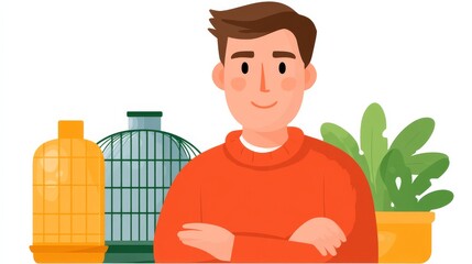 Young Man Managing a Pet Shop with Cages and Plants in a Colorful Indoor Environment