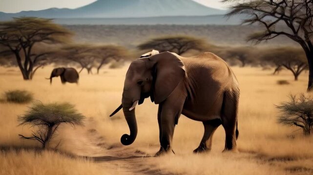 Elephant strolls savanna, arid grass, sparse trees. Wildlife spirit, open plains.