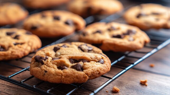 Freshly baked chocolate chip cookies cooling on a wire rack in a cozy kitchen setting - Powered by Adobe