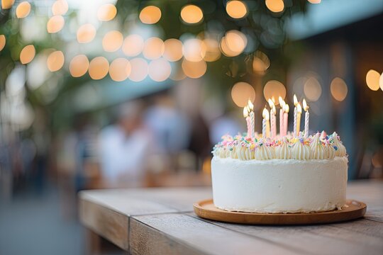 Celebration scene featuring cake adorned with candles, warm boke