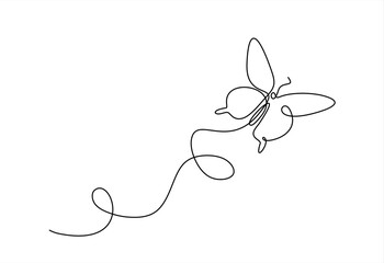 Butterfly in One continuous line drawing. Beautiful flying moth for wellbeing beauty or spa salon logo and divider concept in simple linear style. Hand drawn one line vector. Editable stroke	