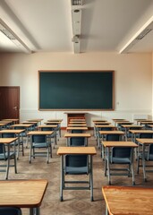 Rows of empty school desks facing a chalkboard in a vintage classroom Empty room interior design architecture blank design room