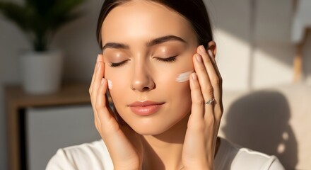 A young woman with closed eyes applies facial cream to her cheek with soft lighting and a blurred background. Her hands gently touch her face expressing care.