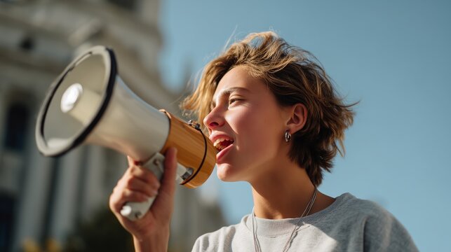 Young person speaks passionately into a megaphone during a public gathering in an urban setting on a sunny day