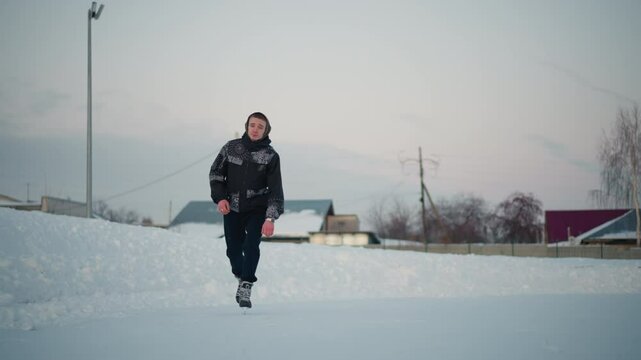 young man skating skillfully on frozen lake near bare trees building and line poles under pale winter sky snow banks frozen surface etched with blade marks reflecting soft light movement energy