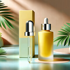 Dropper Bottle Product Photography – Frosted Yellow Serum Bottle with Box and Palm Leaves on Gradient Background, Natural Light and Botanical Skincare Concept

