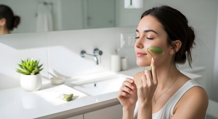 Young woman uses a facial roller in a bright white bathroom near a mirror. She closes her eyes while gently massaging her face. A small green plant and sink are present.