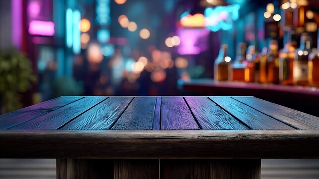Empty wooden table with a vibrant neon lit bar and blurred bottles in the background