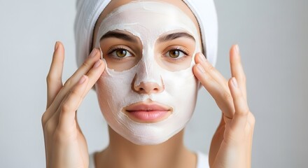 Close up portrait of a young woman with a facial mask applying treatment with her hands on a light grey background. Focus is on eyes and mask.