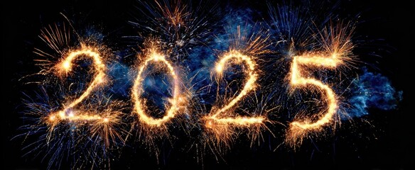 The fireworks display illuminating the numbers 2025 in celebration.