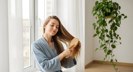 Young woman in blue robe brushing her long curly hair in front of a window near a green leafy plant. The soft lighting highlights the natural textures and the serene atmosphere.