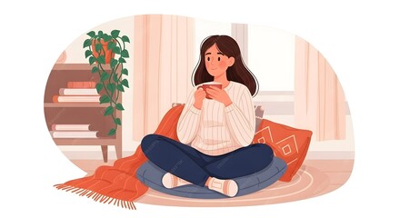 Young woman in cozy sweater sits on cushions holding mug in front of window. Interior features bookshelf plants rug and curtains. Warm color palette with pixelated style.