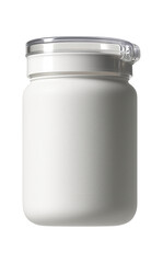Opaque plastic jar with a flip-top lid, ideal for storing powdered sugar in a busy kitchen.