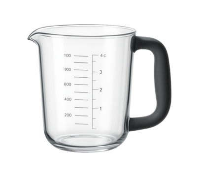 Extra-large measuring cup with a comfortable grip for mixing pancake batter in a family kitchen.