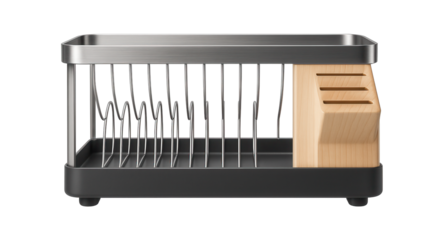 A dish rack with a built-in knife block, providing safe storage for sharp kitchen utensils.