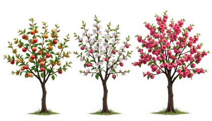 Obraz premium Three flourishing trees with colorful blossoms showcasing nature's beauty. The trees feature vibrant blossoms, a testament to the natural beauty of the world