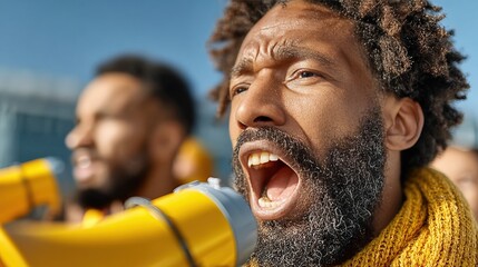 Passionate African American Activist Speaking with Megaphone at Outdoor Protest