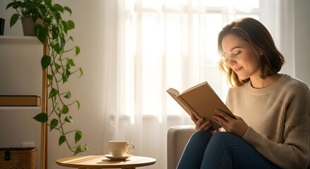 Woman reading a book near a window with a cup of coffee on a table in a cozy living room. Warm sunlight and plants create a relaxed atmosphere.