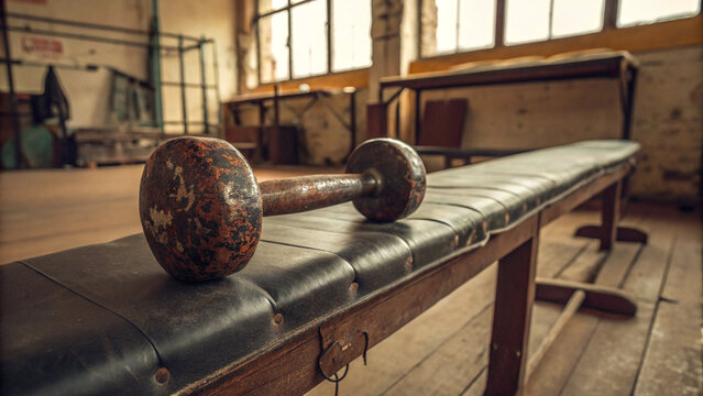 Vintage dumbbell on bench press workout equipment in old gym for fitness and bodybuilding training