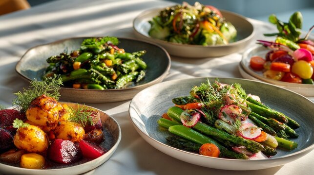 Festive New Year brunch table featuring colorful vegetable based seasonal greens and root vegetable dishes arranged
