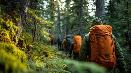 Group of hikers wearing vibrant outdoor clothing and sturdy boots trekking along a forest trail