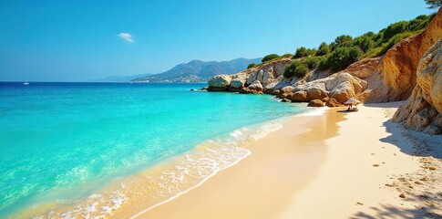Fototapeta premium Idyllic Greek Beach Sun-Kissed Golden Sand, Turquoise Waters, Relaxation and Escape
