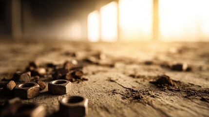 Close-up of scattered nuts on a dusty wooden floor in an abandoned industrial setting